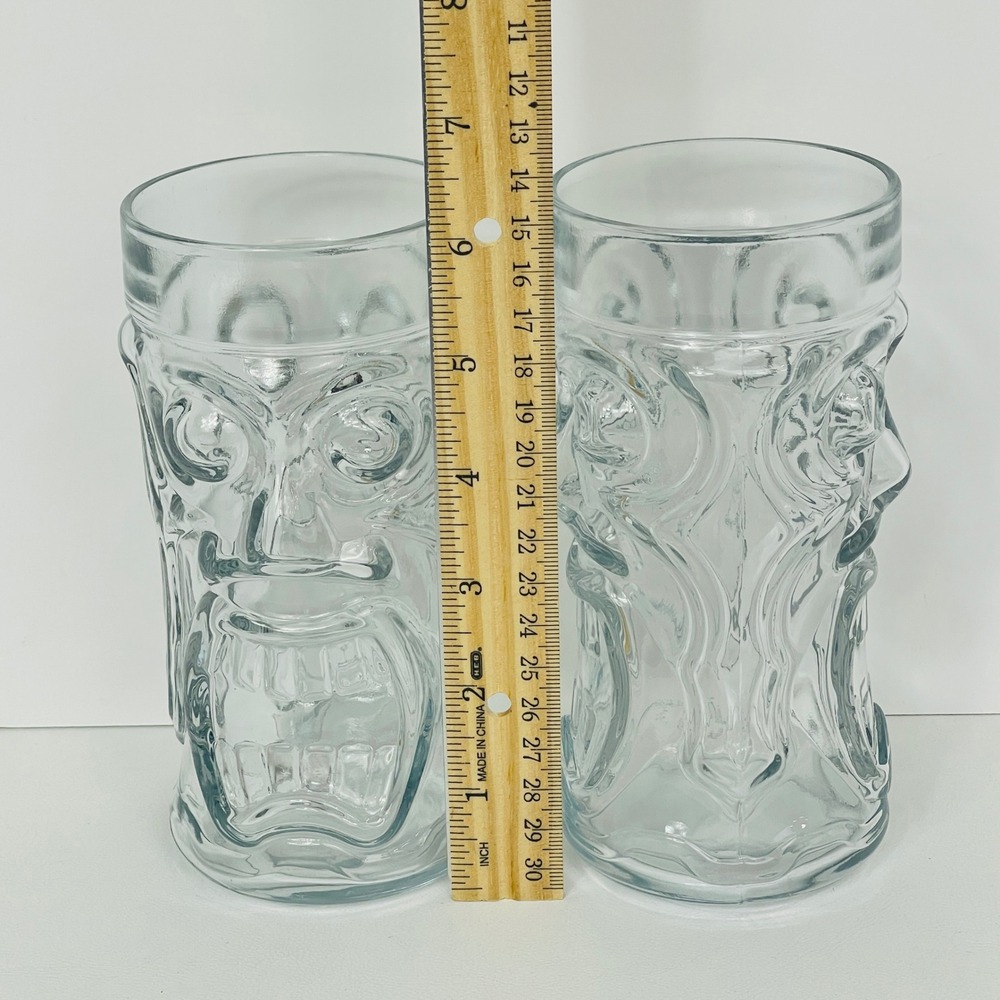 Anchor Hocking Tiki Mug Set of 2 Clear Glass Molded Face 16oz Tropical Excellent - Picture 10 of 10
